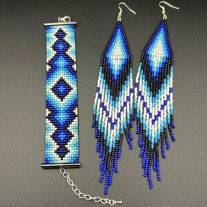 Loom Beaded Bracelet and Triangle Fringe Earrings Set